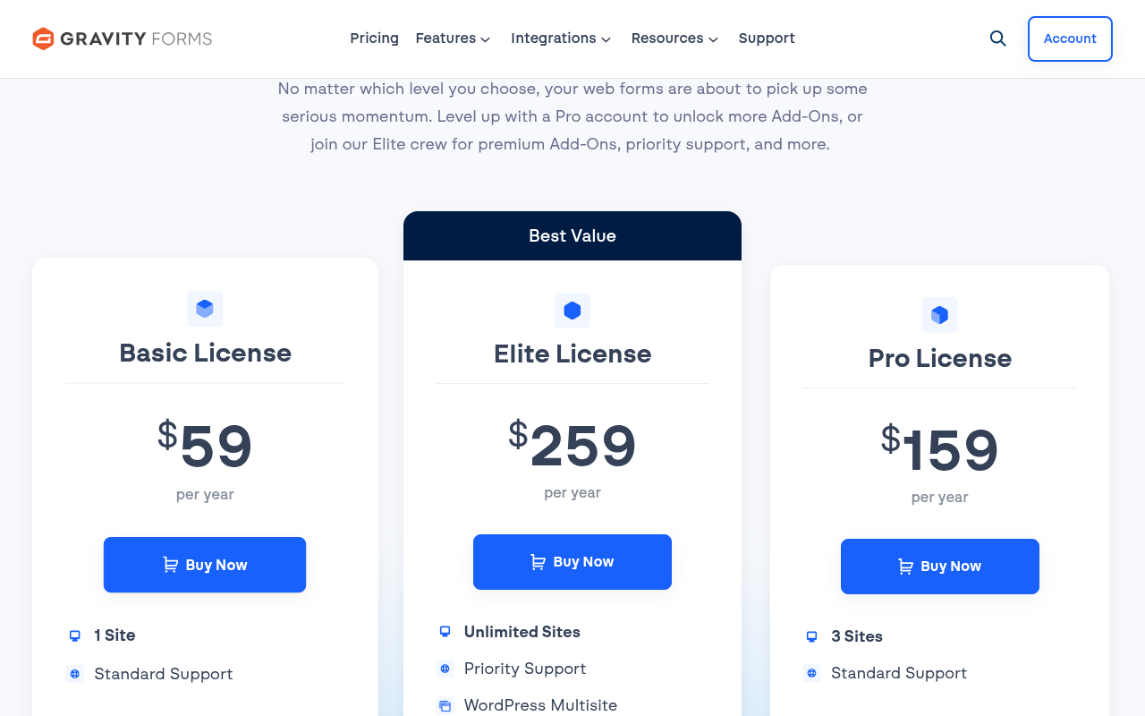 Gravity Forms pricing page showing Basic $59, Elite $259, and Pro $159 annual plans