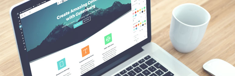 Kadence Blocks official plugin banner showing a laptop displaying the Kadence Blocks interface with the tagline Create Amazing Content with Gutenberg and feature highlights including responsive page builder and custom forms.