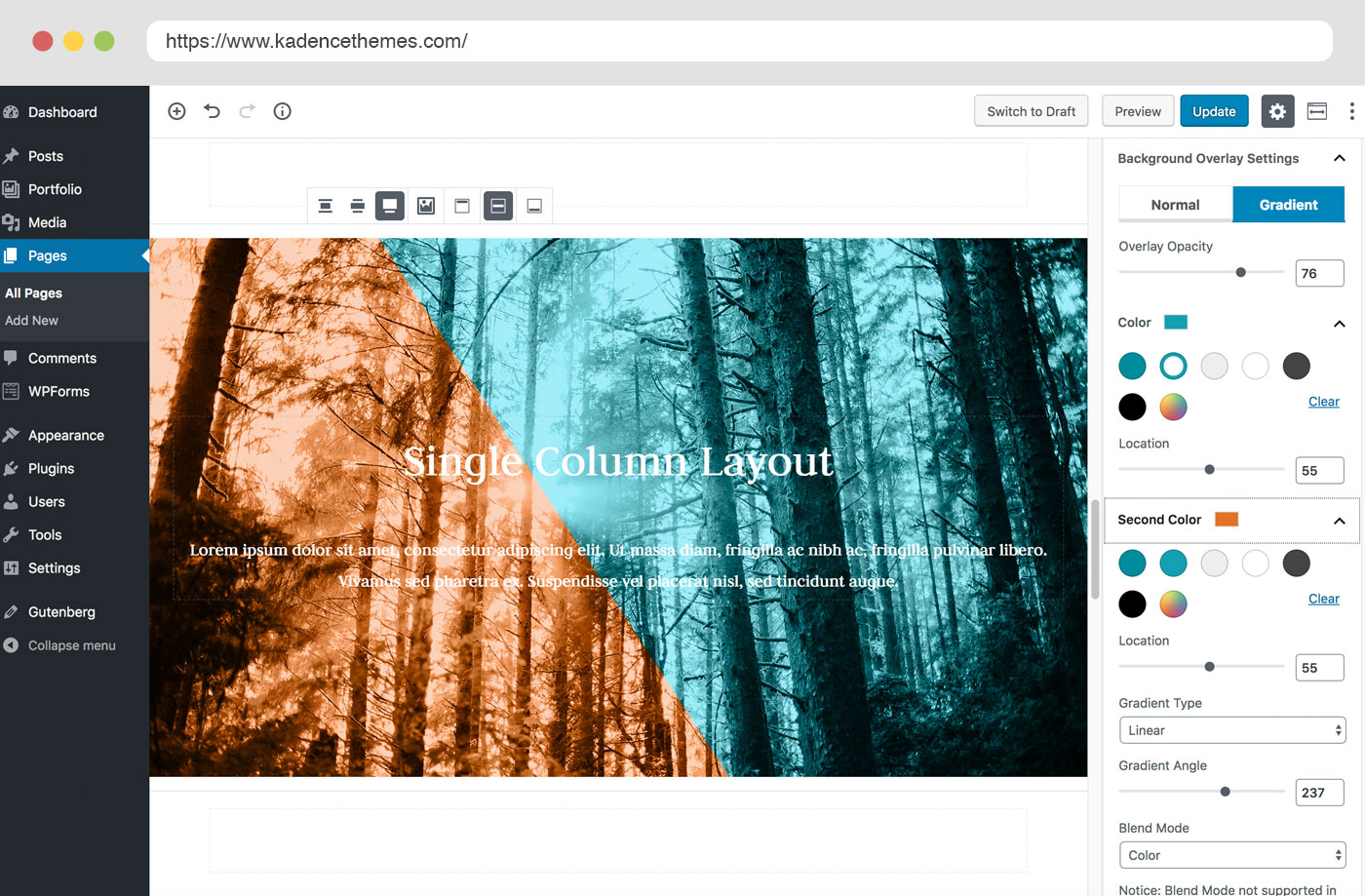 Kadence Blocks single-column Row Layout with a gradient image overlay in the WordPress block editor, showing the Background Overlay Settings panel with gradient color pickers, opacity, and angle controls.