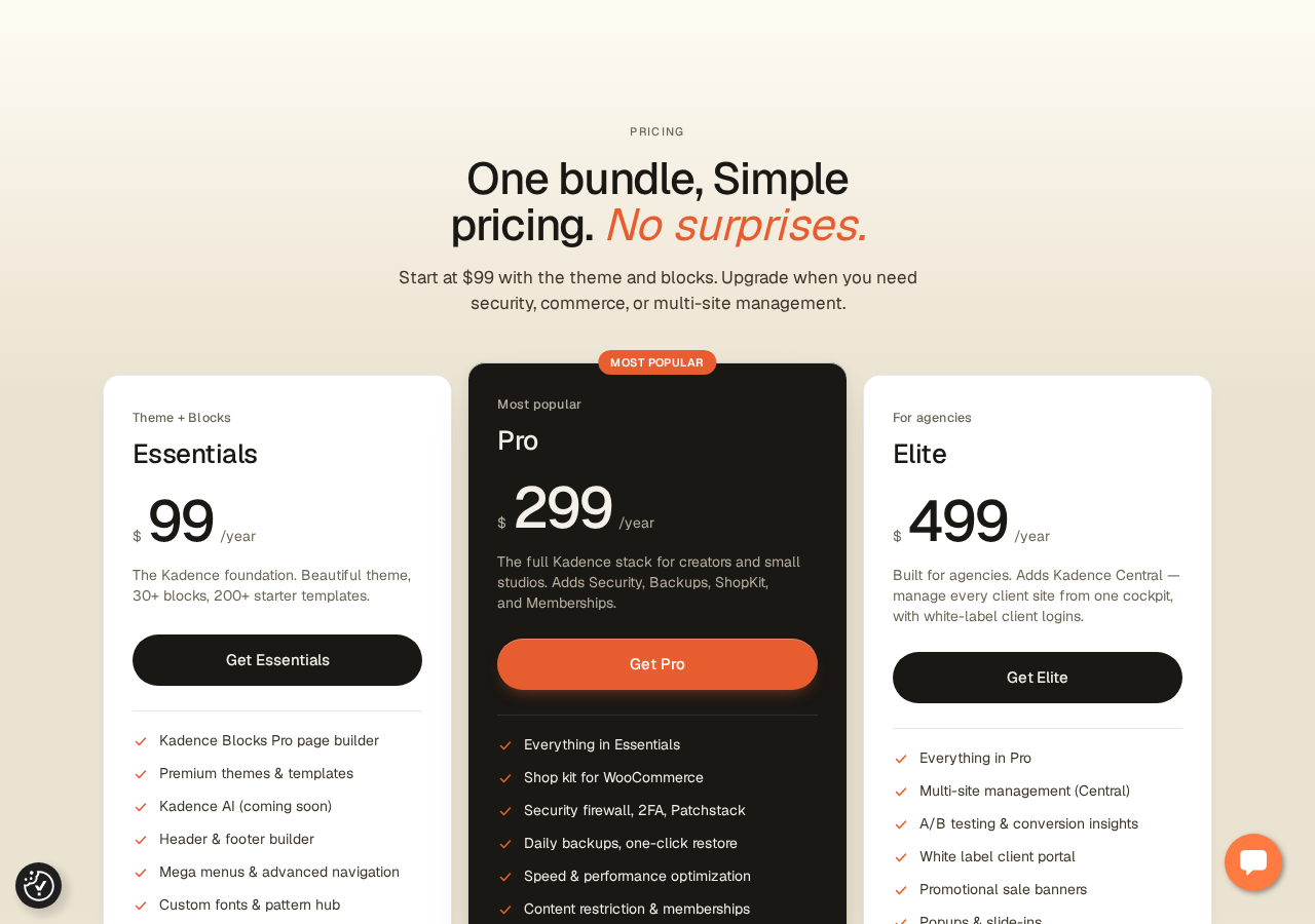 Kadence by Liquid Web pricing page showing the Essentials plan at $99/year, Pro at $299/year (most popular), and Elite at $499/year, with feature comparison bullets including Kadence Blocks Pro, premium themes, templates, mega menus, Shop Kit for WooCommerce, security, backups, and multi-site management.