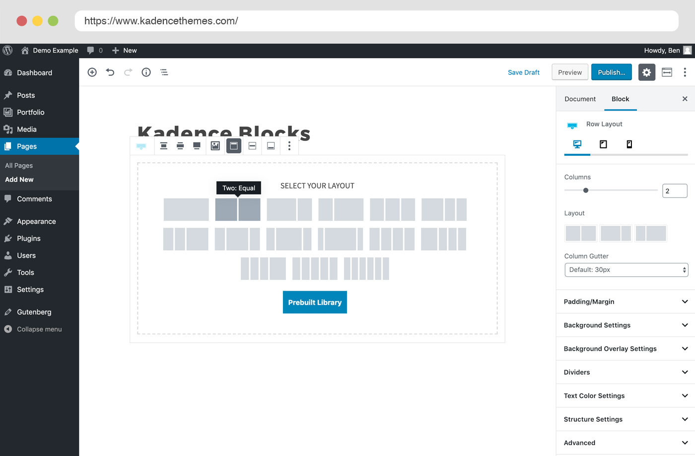 Kadence Blocks Row Layout block selected in the WordPress block editor, showing the column layout picker in the canvas and the block settings panel on the right with Columns, Layout, Column Gutter, Padding and Margin, Background Settings, and other controls.