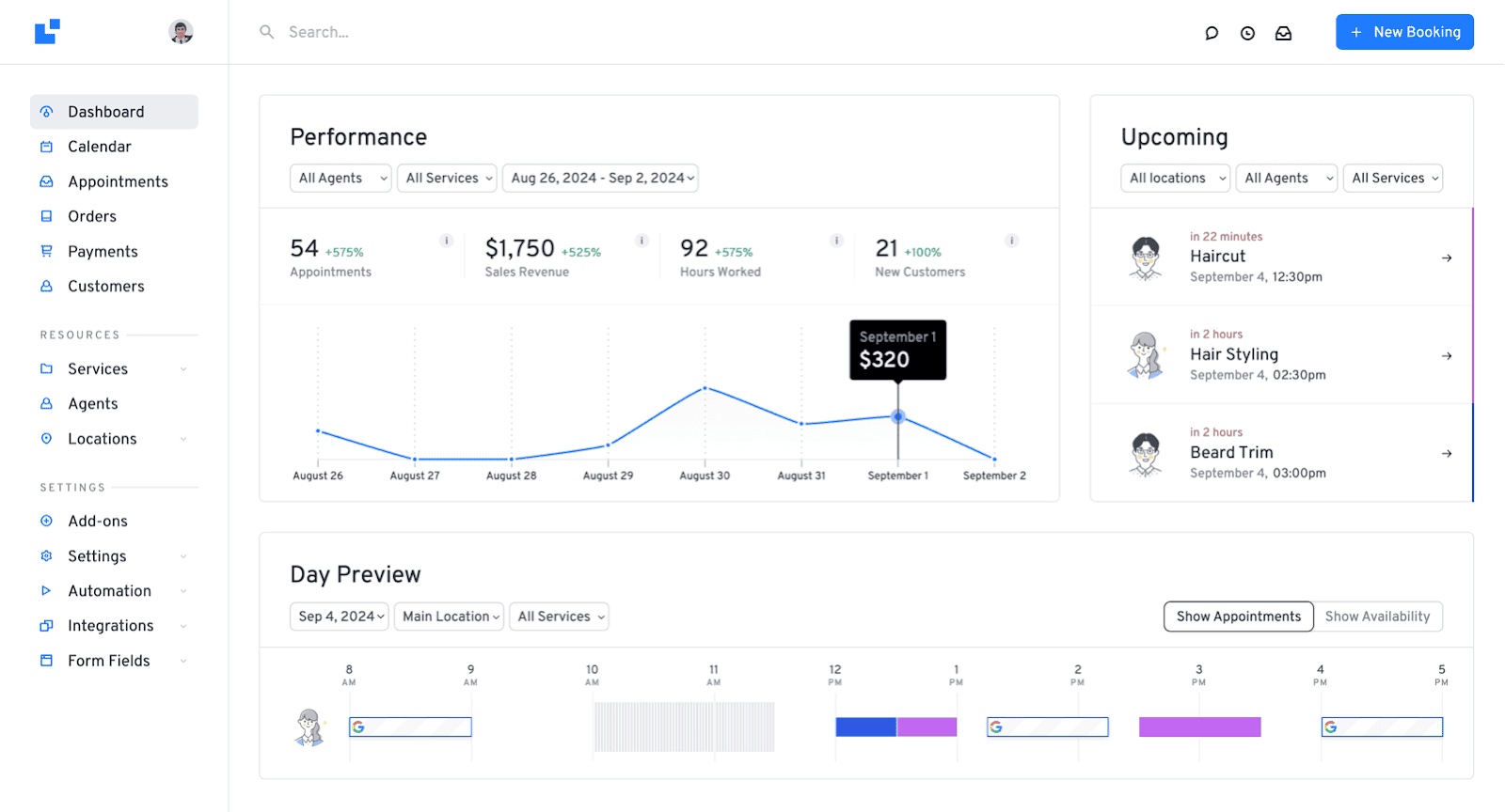 LatePoint admin dashboard showing appointment management interface with a list of upcoming bookings, status indicators, service names, customer names, and scheduling details visible at a glance.
