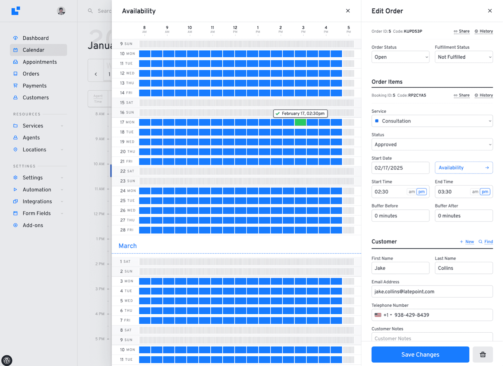 LatePoint admin calendar view showing appointments in a weekly calendar layout. Appointments are displayed as colored blocks by service, with customer names and time slots visible, giving the operator an at-a-glance view of the week's schedule.