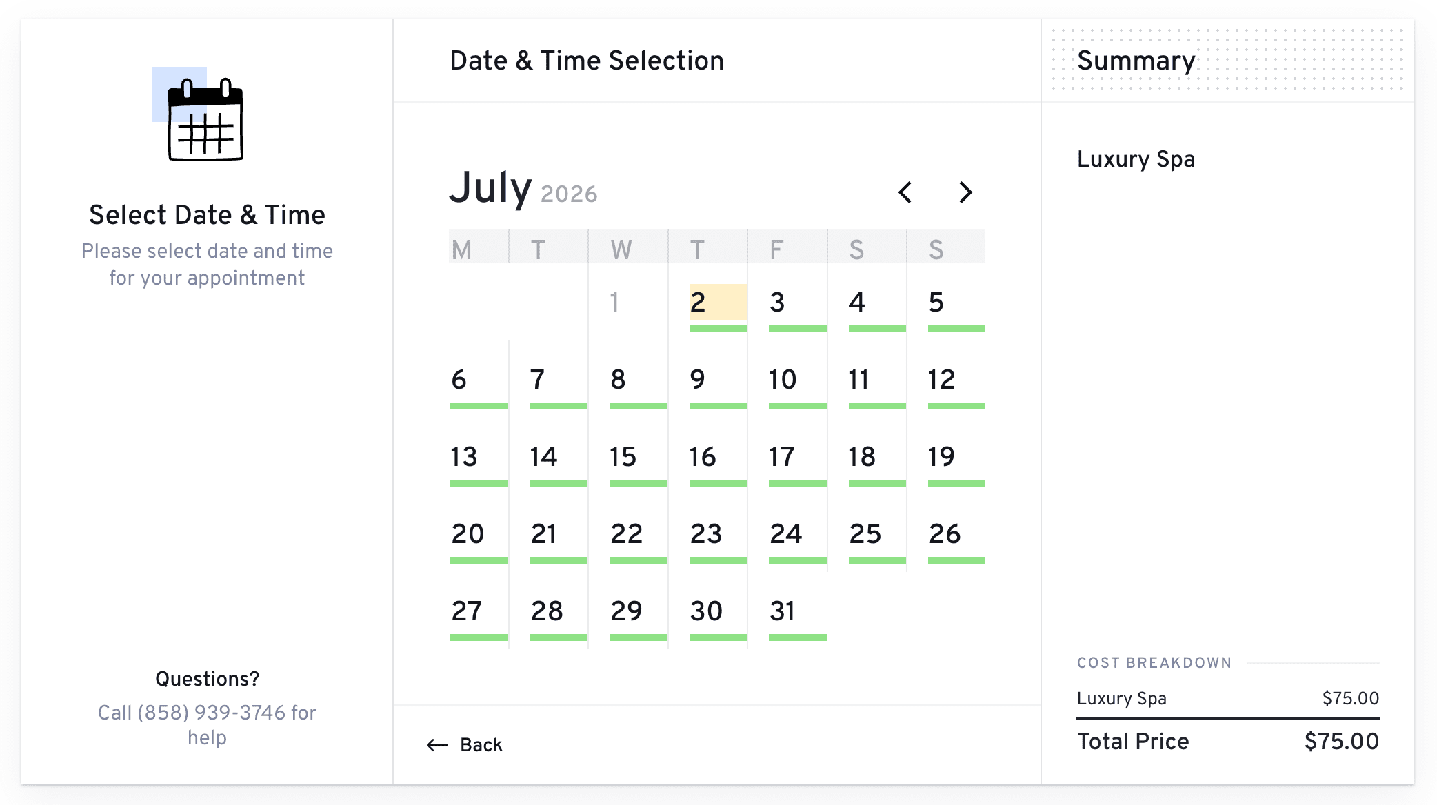 LatePoint booking wizard date and time selection step showing a calendar view with a date selected and a list of available time slots in 30-minute increments, showing the customer which times are open for booking.
