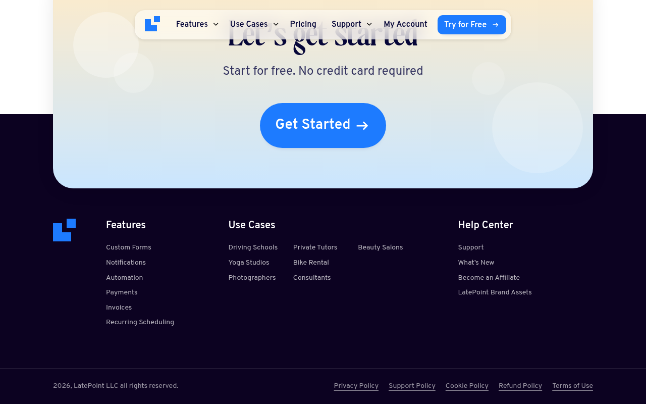 LatePoint booking plugin demo page showing the scheduling interface preview and key feature highlights.