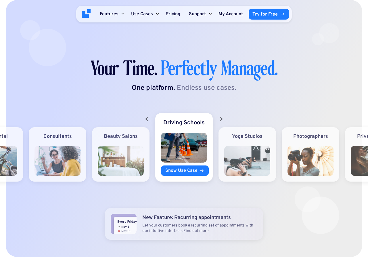 LatePoint homepage showing the headline Your Time. Perfectly Managed. with a carousel of use cases including Yoga Studios, Photographers, Private Tutors, Bike Rental, Consultants, Beauty Salons, and Driving Schools, along with a Try for Free call to action and the LatePoint logo.
