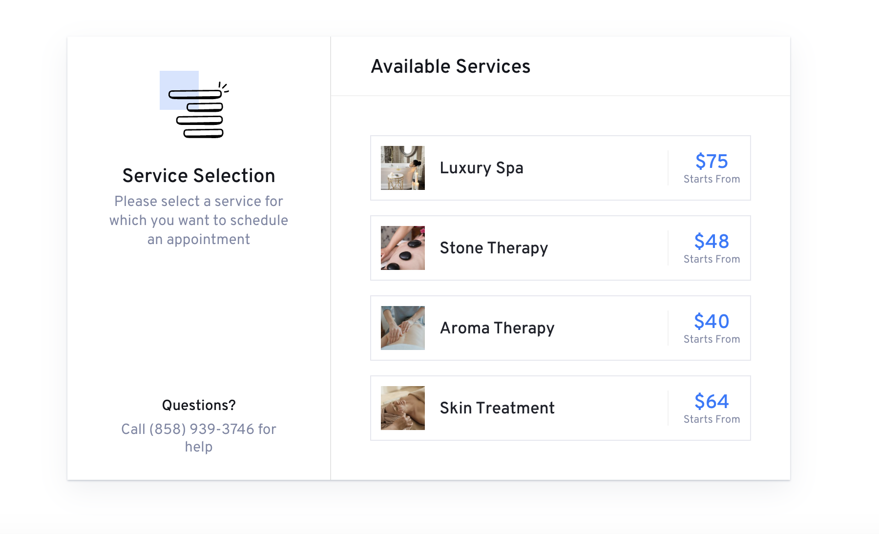 LatePoint booking wizard showing the service selection step. The form displays available services in a clean list with service names, durations, and prices, giving customers a clear view of what they are booking.