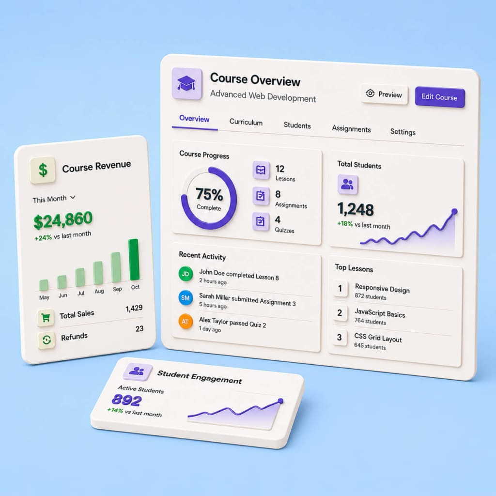 LearnDash ProPanel reporting dashboard showing course enrollment overview with student progress tracking and completion statistics