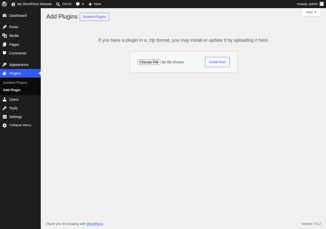 WordPress admin Plugins page showing the Upload Plugin form in a WordPress Playground sandbox. The file chooser displays mec-lite.zip selected and ready to install. The sidebar shows the standard WordPress admin navigation with Plugins highlighted. WordPress version 7.0.2 is visible in the footer