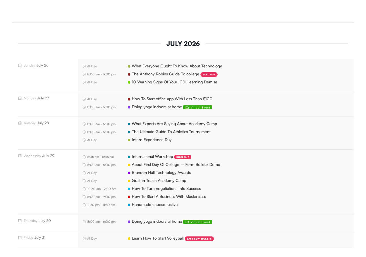 Modern Events Calendar agenda view on the official Webnus demo at mec.webnus.net showing events for July and early August 2026 grouped by date. Each row shows day and date on the left, time in the center, and event title with colored category dot on the right. Several events show inline status badges: SOLD OUT in red, Virtual Event in teal, and LAST FEW TICKETS in orange