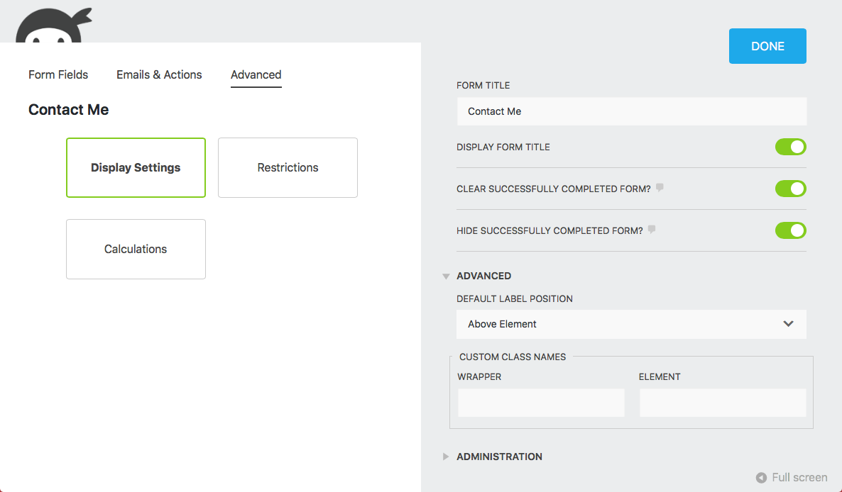 Ninja Forms builder Advanced tab showing three panel tiles: Display Settings selected, Restrictions, and Calculations, with the right panel showing Form Title, Display Form Title toggle, Clear Successfully Completed Form toggle, and Hide Successfully Completed Form toggle