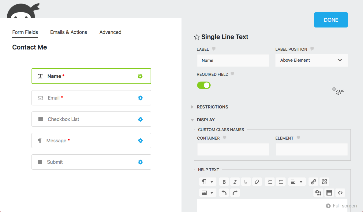 Ninja Forms field settings panel for a Single Line Text field showing Label field set to Name, Label Position dropdown set to Above Element, Required Field toggle turned on, and Restrictions and Display sections collapsed below