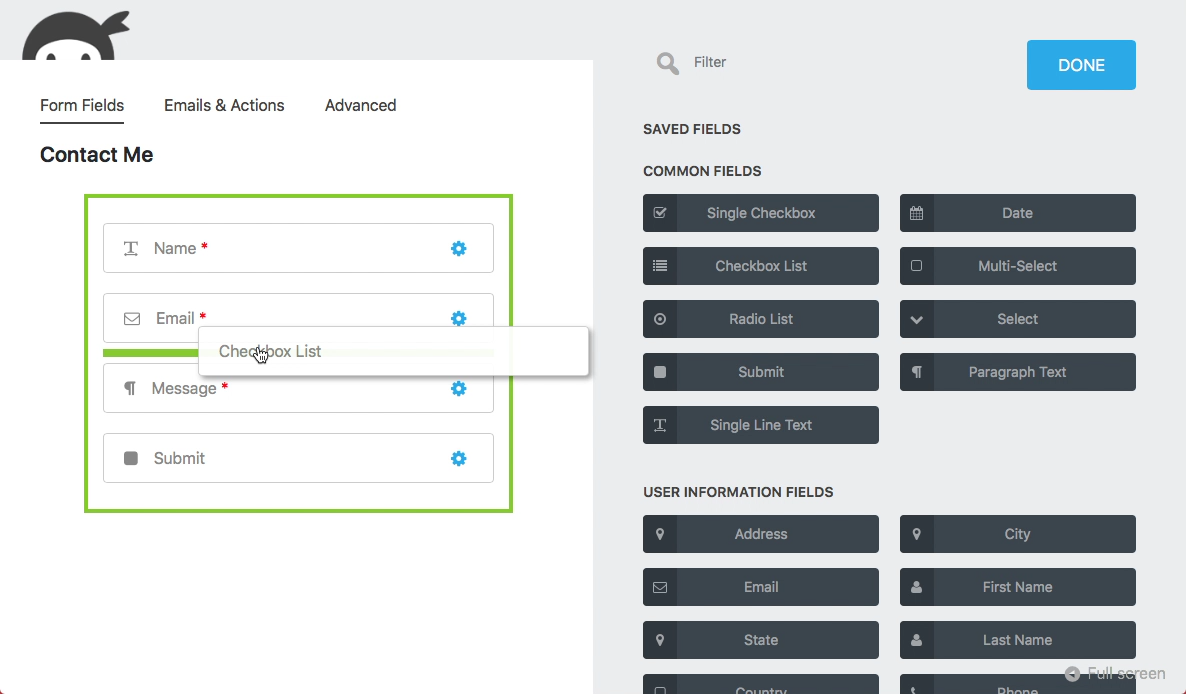 Ninja Forms form builder showing a Contact Me form with Name, Email, Checkbox List, Message, and Submit fields on the left canvas, and the field picker panel on the right with Common Fields and User Information Fields