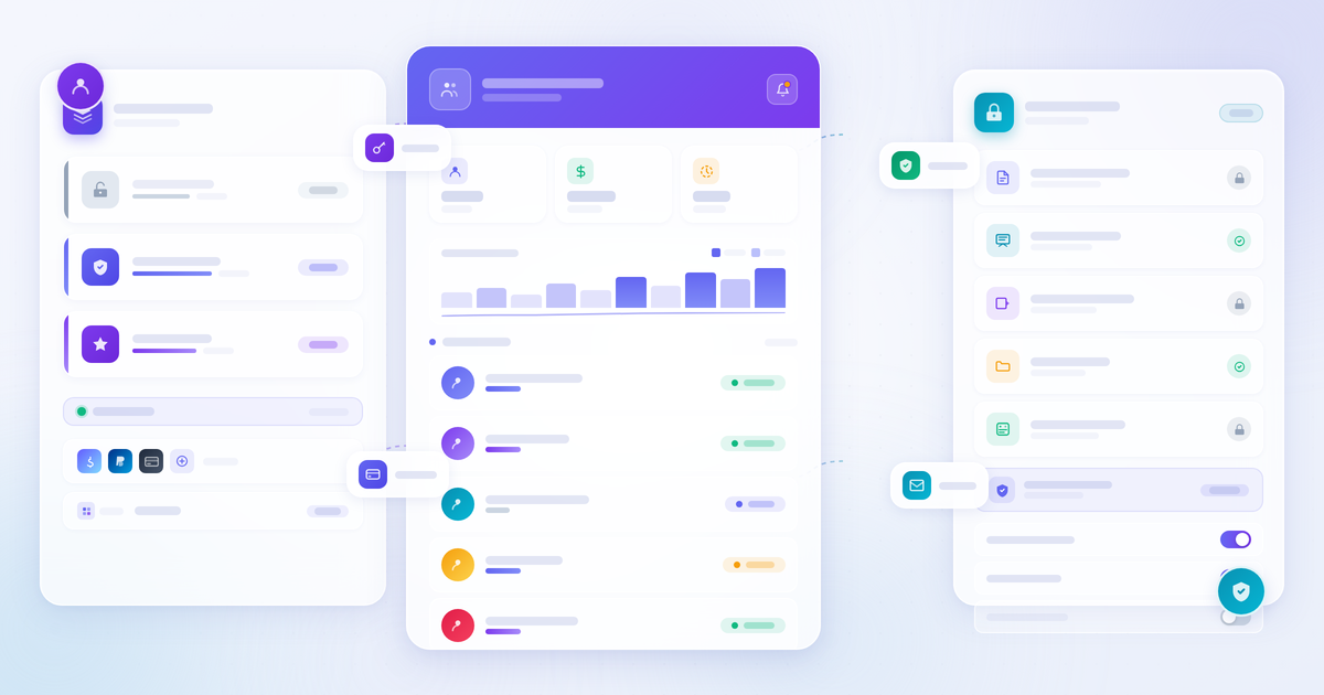 Paid Memberships Pro review featured banner: membership tier levels, member management dashboard, and content access control in a minimalist blue-violet and teal editorial composition