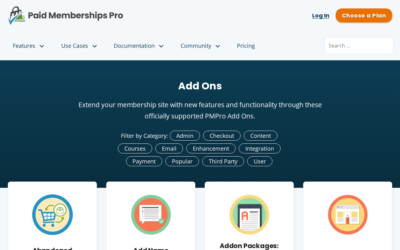 Paid Memberships Pro add-ons page showing the Add Ons headline and category filter buttons including Admin, Checkout, Content, Courses, Email, Enhancement, Integration, Payment, and User above the add-on grid