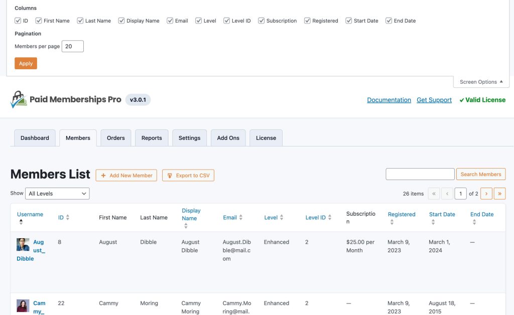 PMPro Members List admin screen showing the column options panel, Add New Member and Export to CSV buttons, and two sample member rows with level name, subscription amount, and date columns