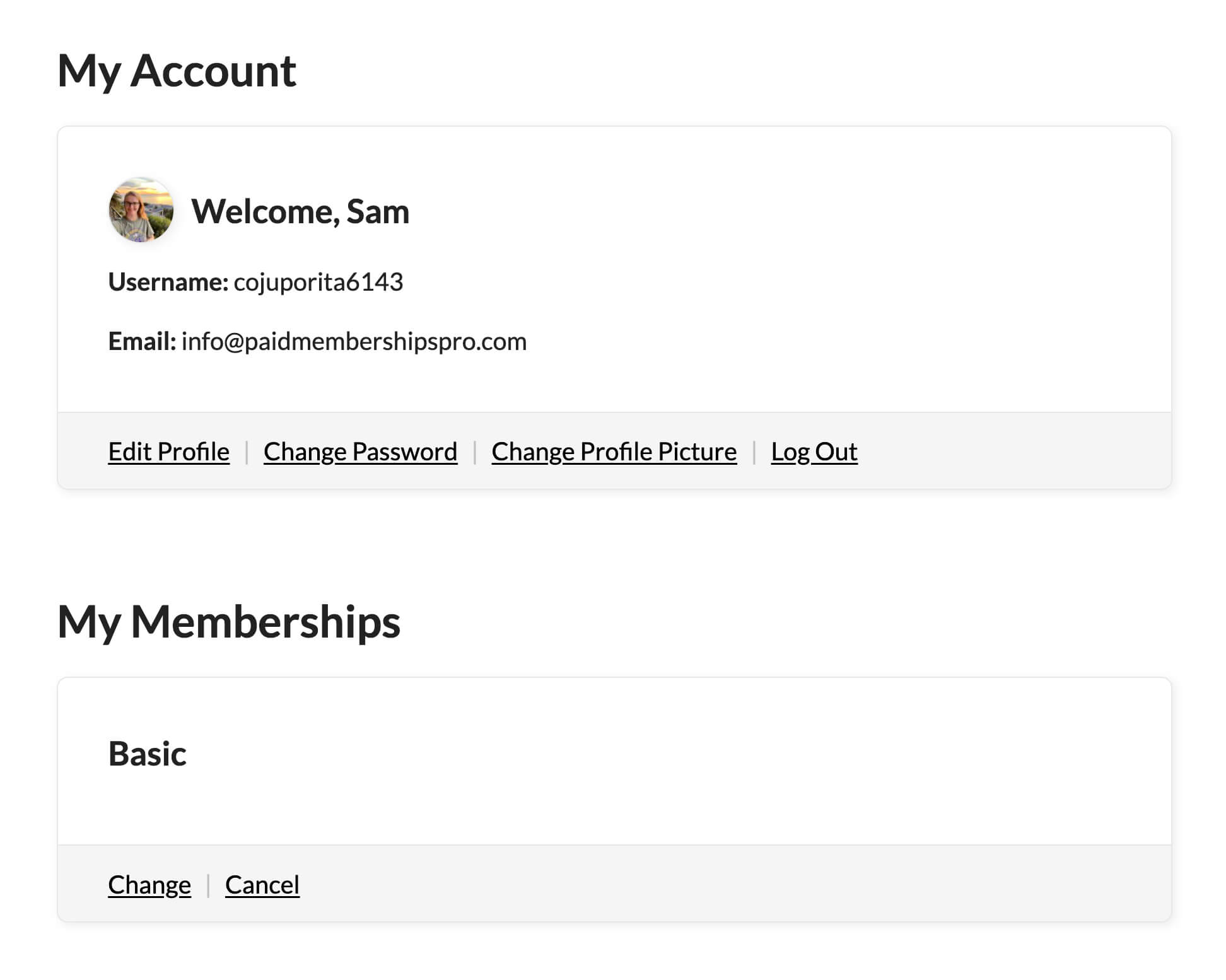 PMPro frontend My Account page as of v3.7 showing a profile card with member avatar and display name, links for Edit Profile and Change Password, and a My Memberships section showing the Basic level with Change and Cancel options