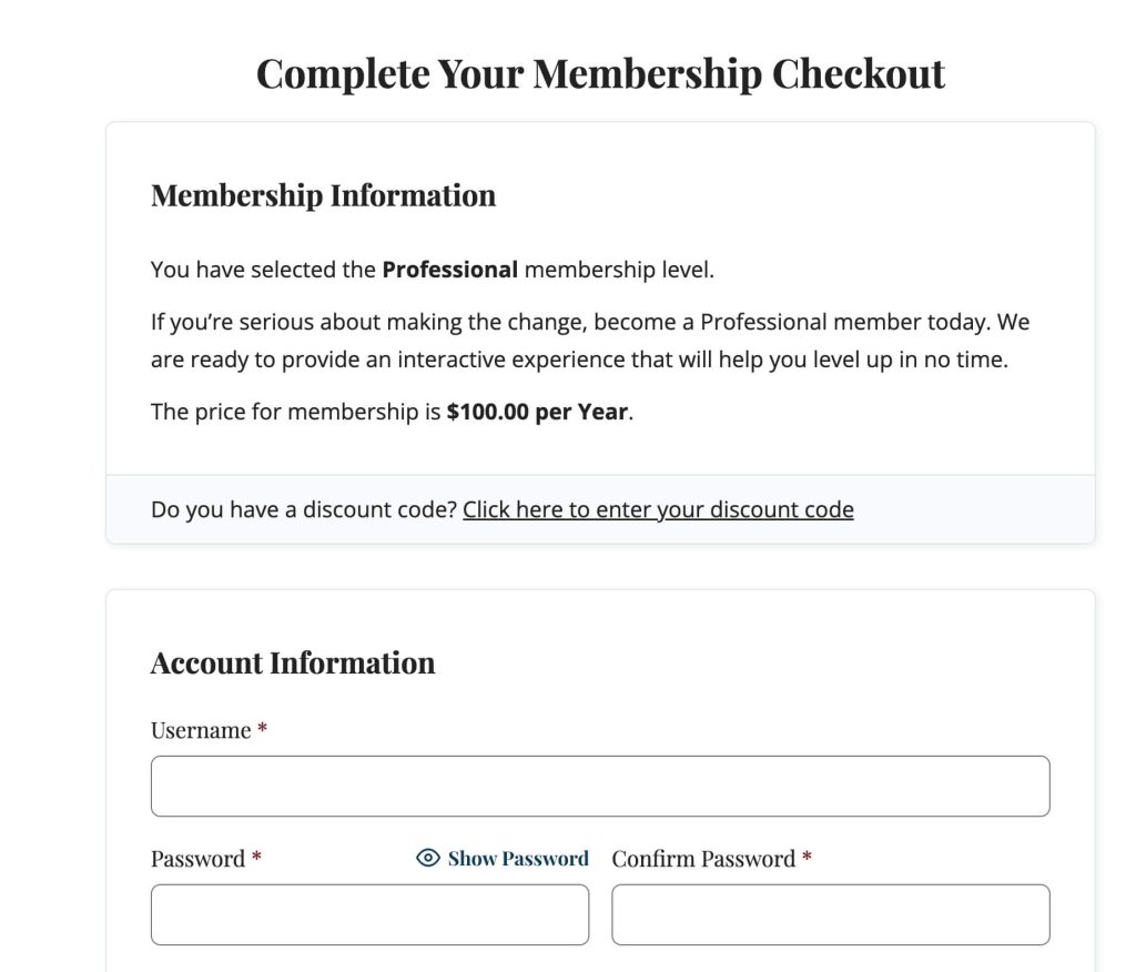 PMPro frontend Membership Checkout page showing the heading Complete Your Membership Checkout, a Membership Information panel confirming the Professional level at $100.00 per Year, and an Account Information form