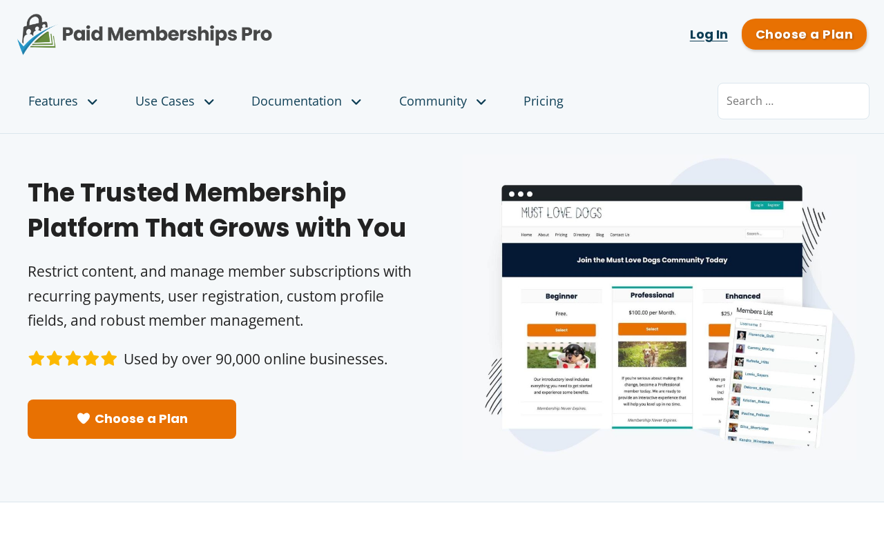 Paid Memberships Pro homepage showing the headline The Trusted Membership Platform That Grows with You with five-star rating and the stat Used by over 90,000 online businesses