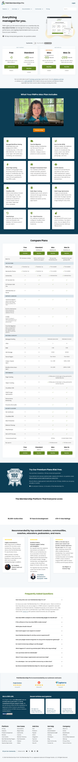 Paid Memberships Pro pricing page (annual billing view) showing Free ($0), Standard ($49/month), Max ($99/month), and Max 2x ($299/month) plan cards with a feature comparison table and 100-day money-back guarantee badge