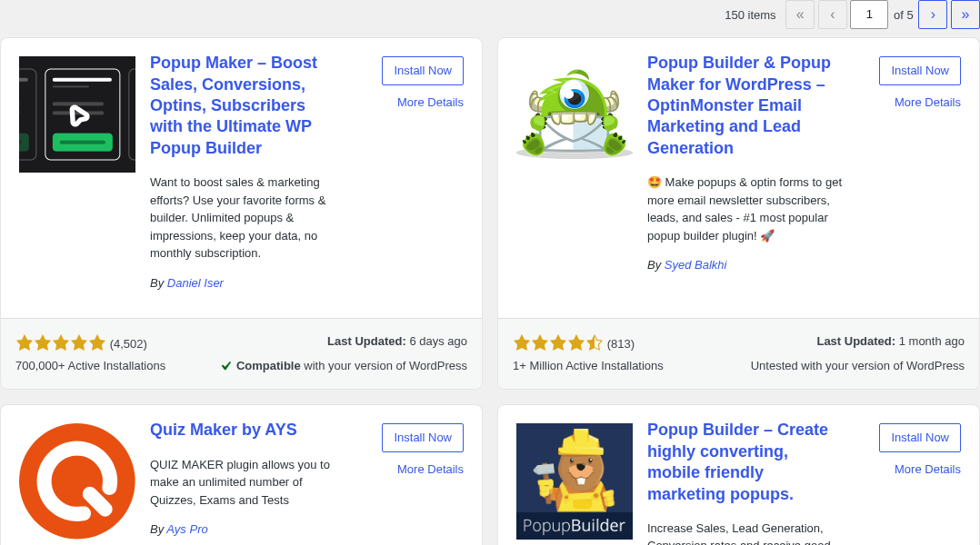 WordPress admin Plugins search results for popup maker, showing Popup Maker by Daniel Iser as the first result with a 5-star rating, 4,502 reviews, and 700,000+ active installations.