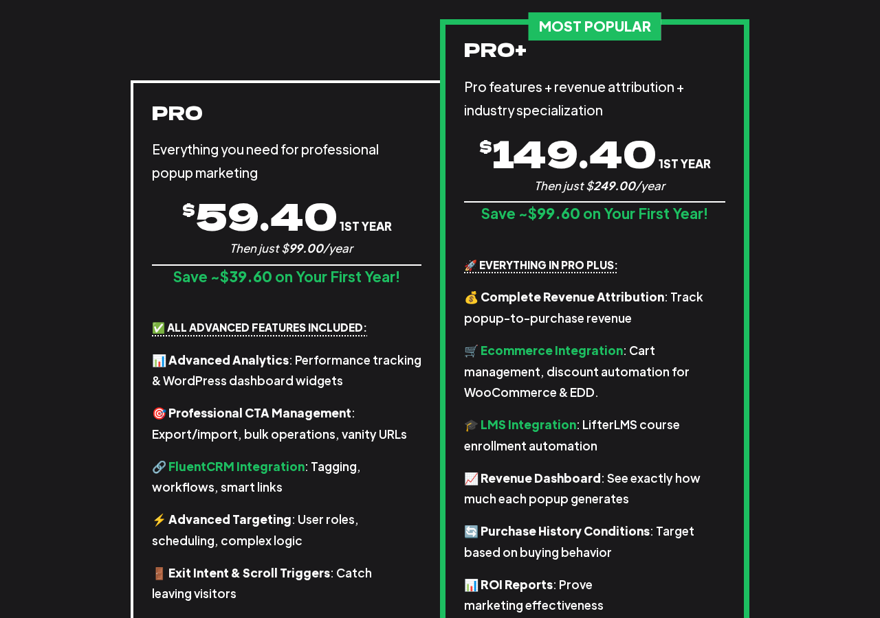 Popup Maker pricing page showing the Pro plan at $59.40 for the first year then $99/year, and Pro+ at $149.40 for the first year then $249/year, with a 40% launch special discount noted on both cards.