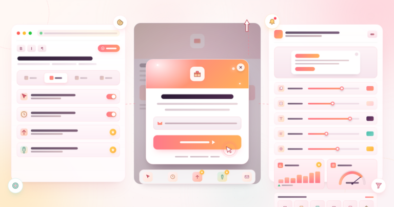 Popup Maker review featured banner: WordPress popup editor with Display/Triggers/Targeting/Cookies settings, a lead generation popup modal with email opt-in and CTA, theme editor sliders and preview, conversion analytics, and form-plugin integrations.