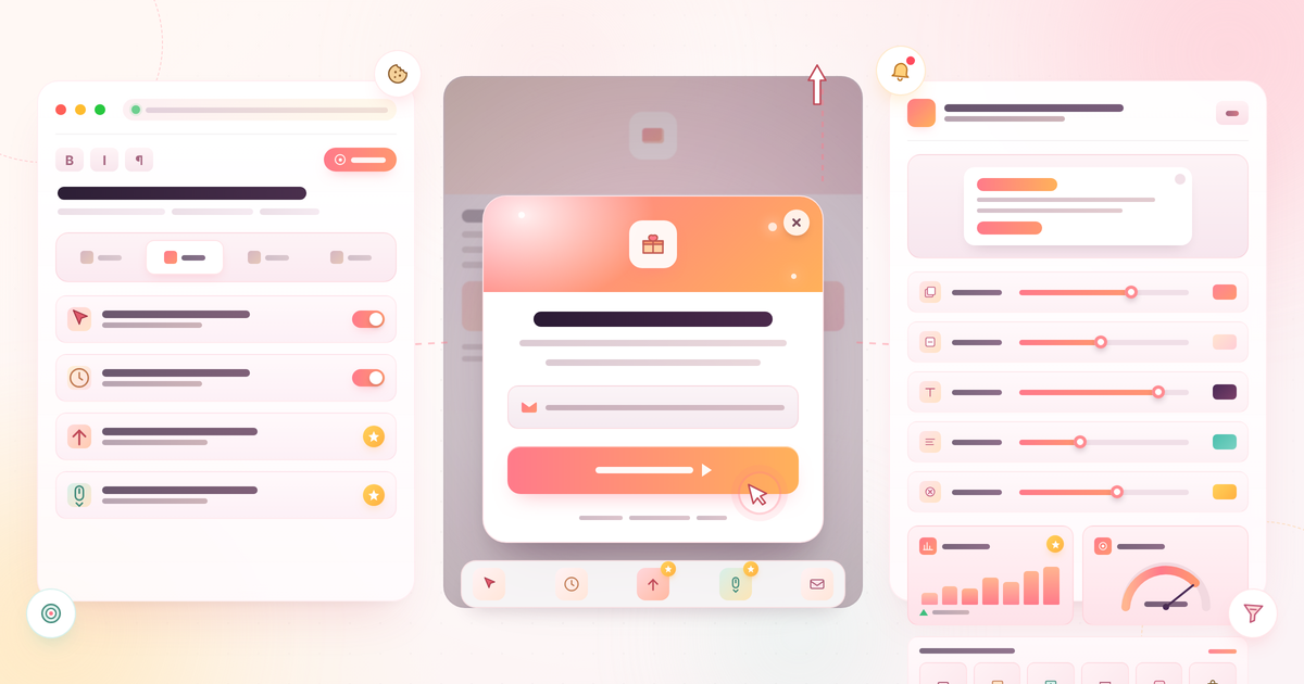 Popup Maker review featured banner: WordPress popup editor with Display/Triggers/Targeting/Cookies settings, a lead generation popup modal with email opt-in and CTA, theme editor sliders and preview, conversion analytics, and form-plugin integrations.