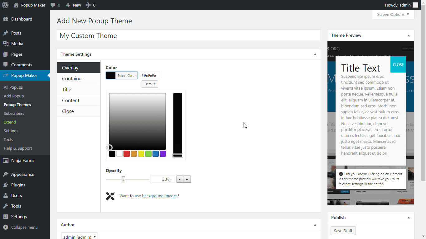 Popup Maker Theme Editor with its 60-plus customization options for overlay, container, title, content area, and close button, and a live preview panel on the right.