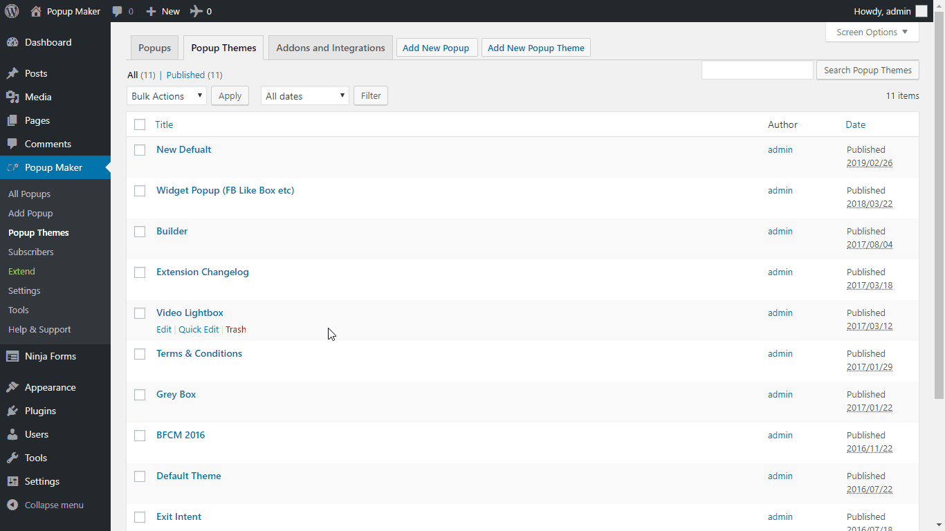Popup Maker Themes admin screen listing all available popup themes that can be assigned to individual popups, with options to edit and preview each theme.