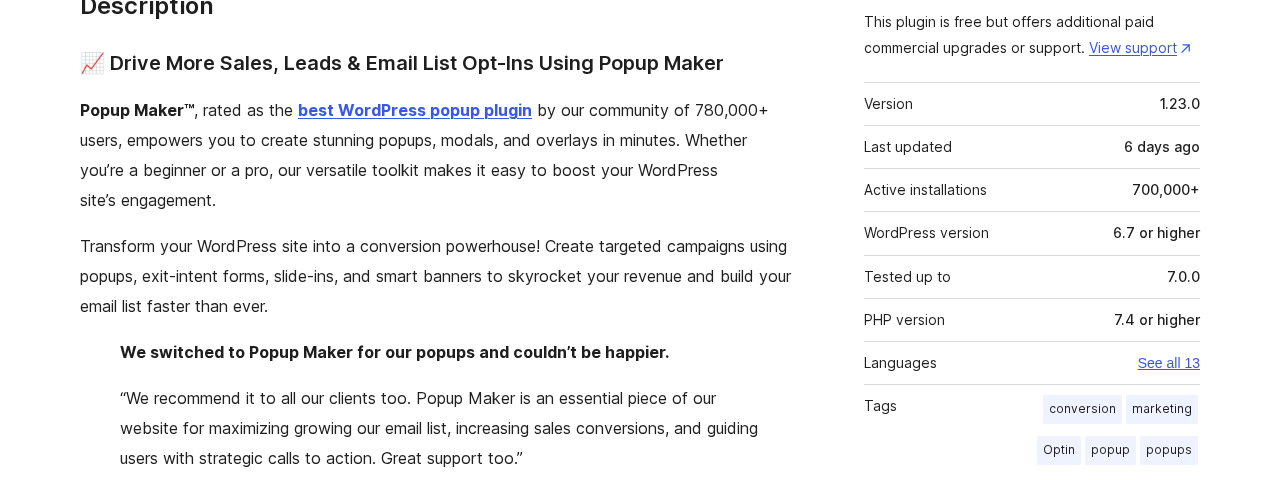 WordPress.org plugin listing for Popup Maker showing version 1.23.0, 700,000+ active installations, last updated 6 days ago, tested up to WordPress 7.0.0, PHP 7.4 or higher, and 13 available languages in the sidebar metadata panel.
