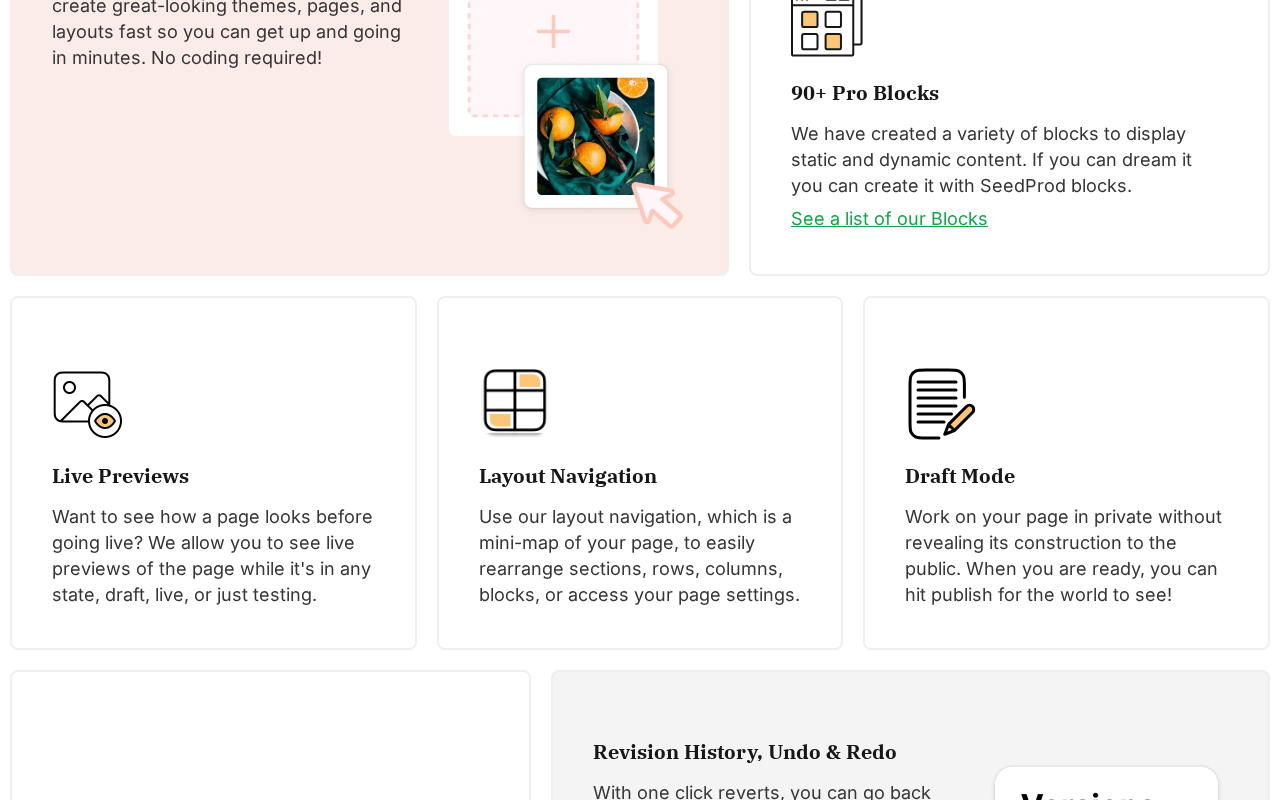 SeedProd features page section showing 90+ Pro Blocks description, Live Previews, Layout Navigation mini-map interface, and Draft Mode capabilities.