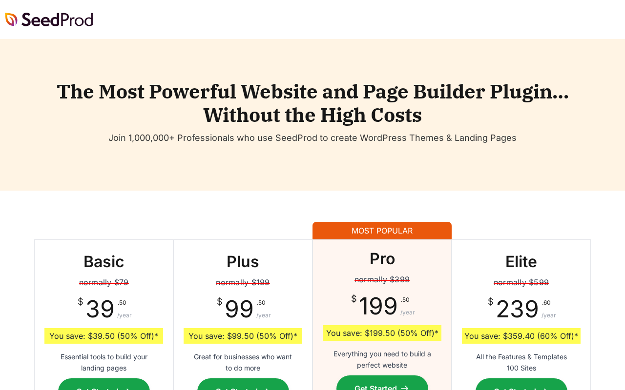 SeedProd pricing page showing four tiers: Basic at $39.50/year (normally $79), Plus at $99.50/year (normally $199), Pro at $199.50/year (normally $399) marked Most Popular, and Elite at $239.60/year (normally $599), all with promotional discount banners.