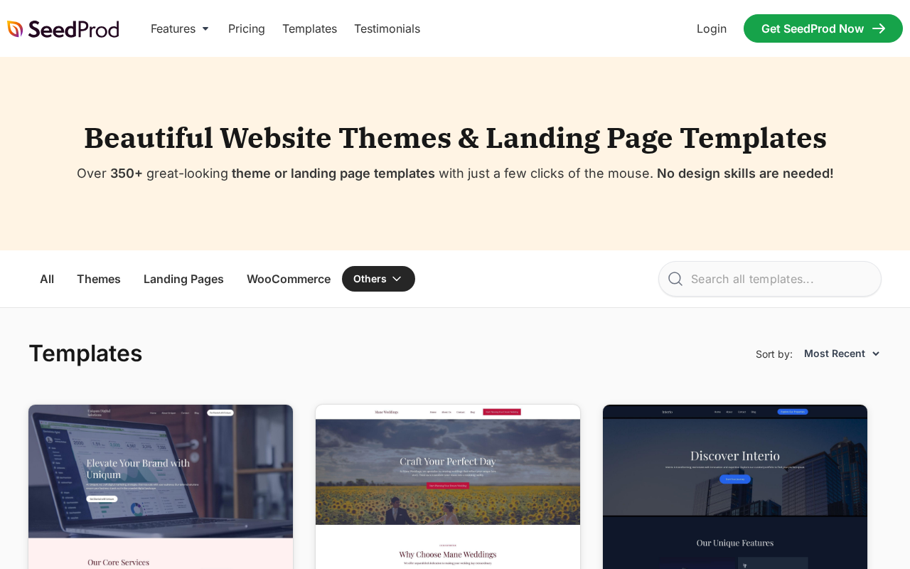 SeedProd templates page showing Beautiful Website Themes and Landing Page Templates heading with Over 350 plus great-looking theme or landing page templates, and template thumbnails with category filter tabs for Themes, Landing Pages, WooCommerce, and Others.