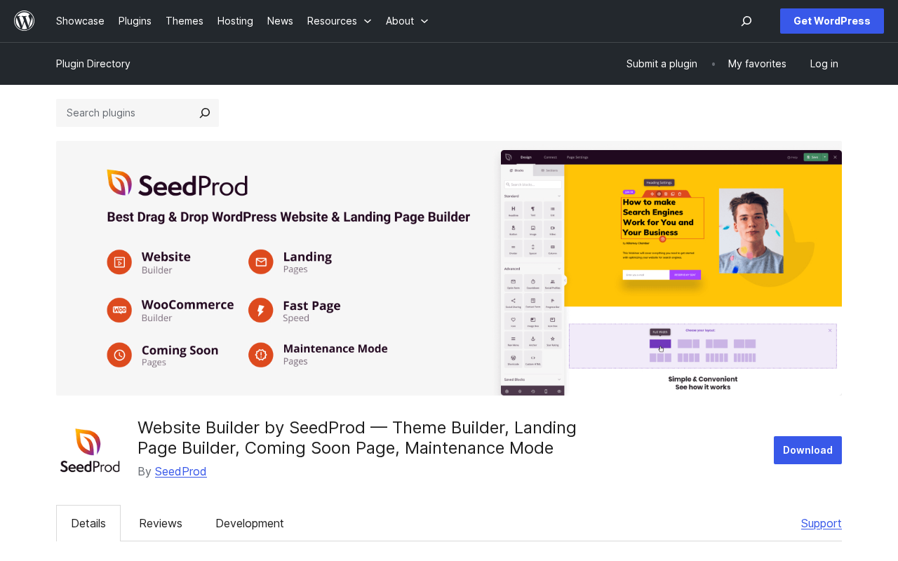 SeedProd WordPress.org plugin listing showing the banner image with Best Drag and Drop WordPress Website and Landing Page Builder heading, icons for Website Builder, Landing Pages, WooCommerce Builder, Coming Soon, and Maintenance Mode, and the Download button.