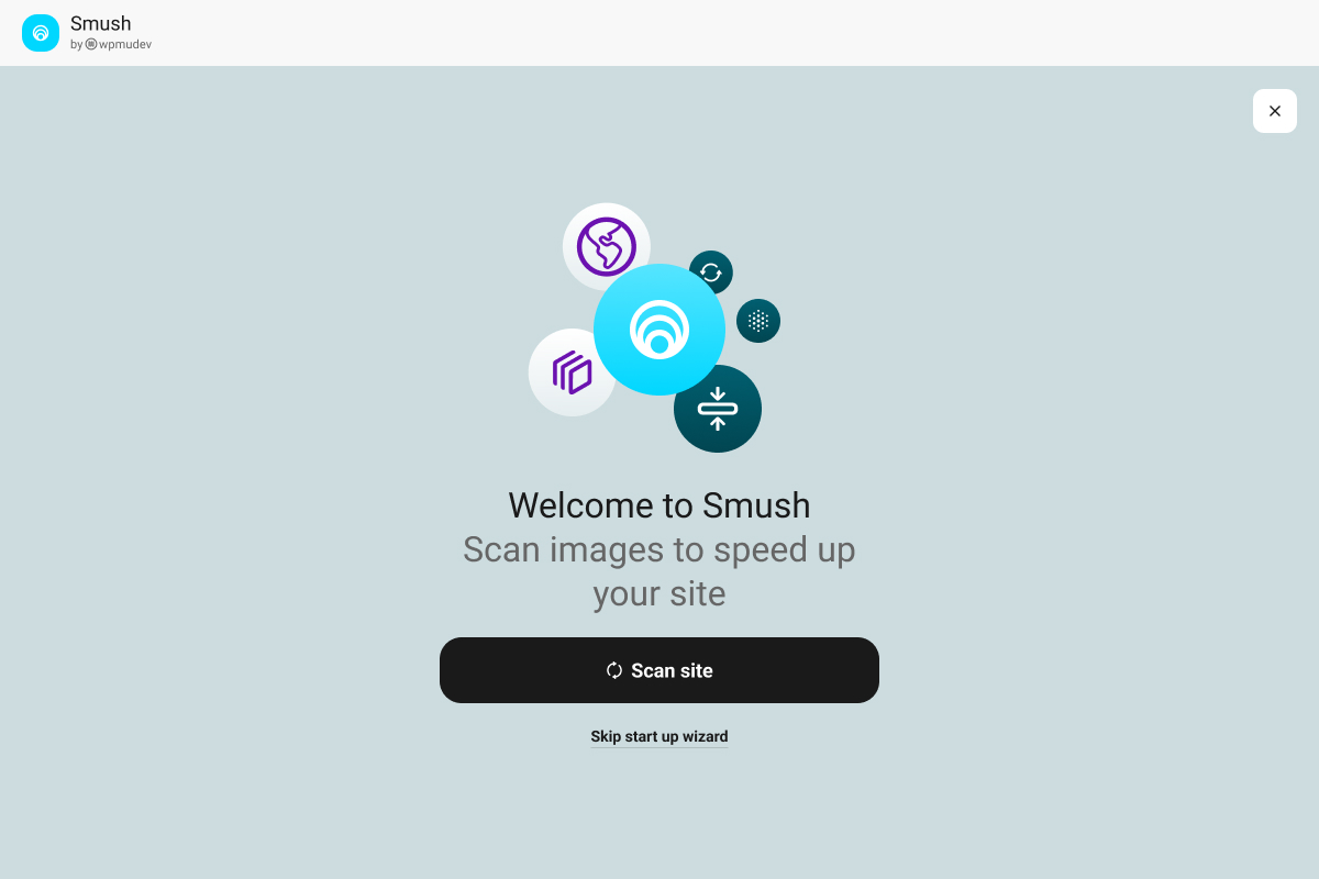 Smush Quick Setup Wizard showing the welcome screen with a Scan site button and introductory compression options