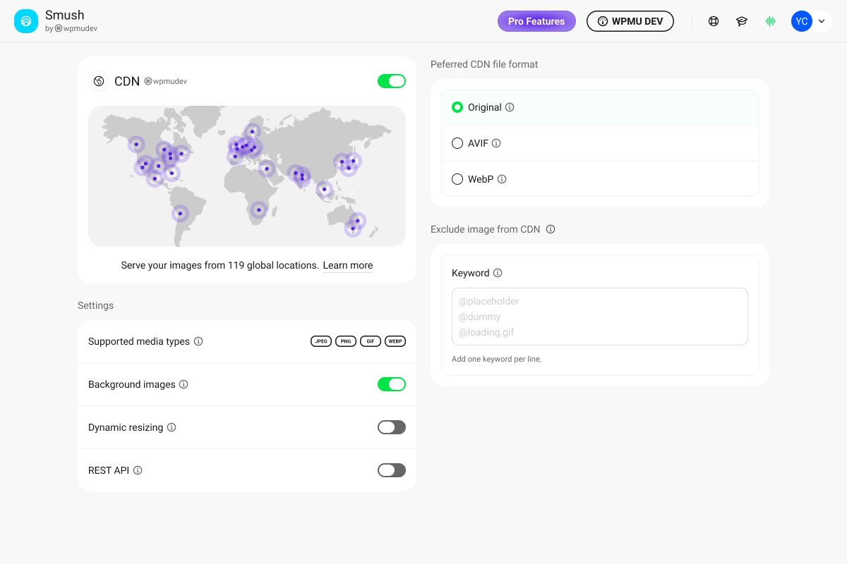 Smush Pro CDN panel showing the WPMU DEV CDN enabled with a world map of 119 delivery locations, supported media types, background images toggle, dynamic resizing toggle, and CDN file format selector