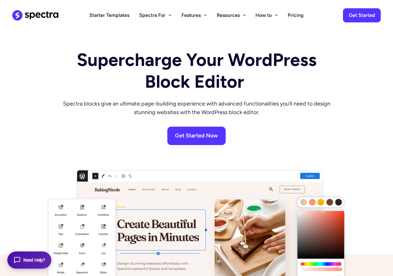 The Spectra blocks page showing the headline Supercharge Your WordPress Block Editor with a UI mockup of the Gutenberg block inserter panel listing Spectra blocks including Accordion, Buttons, Container, Countdown, Counter, Google Map, Icons, List, Modal, Separator, and Slider.