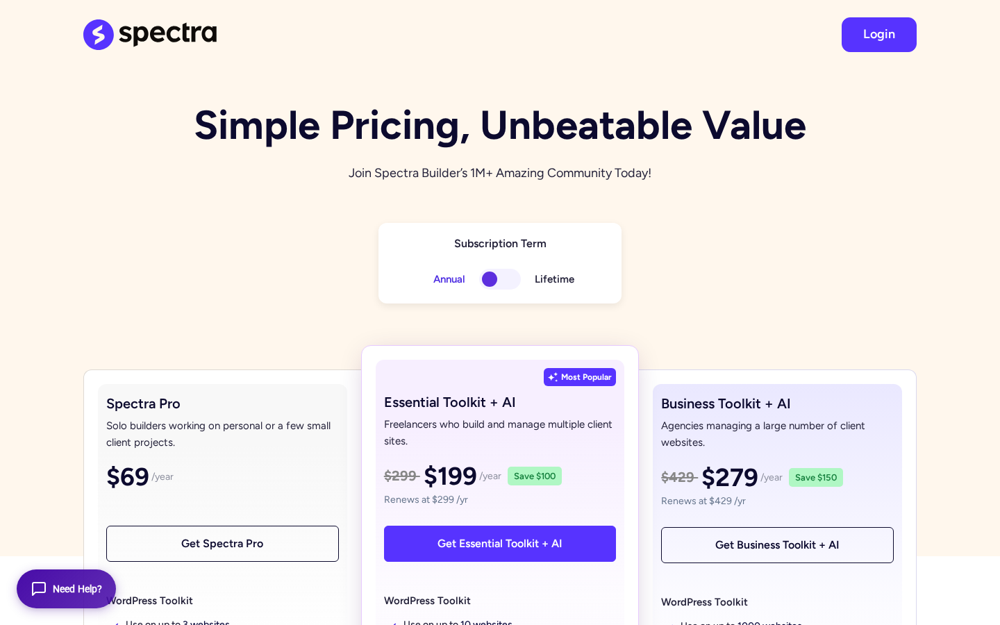 Spectra pricing page showing three plans: Spectra Pro at $69 per year for up to 3 websites; Essential Toolkit plus AI at $199 per year marked Most Popular, renewing at $299 per year; and Business Toolkit plus AI at $279 per year, renewing at $429 per year.