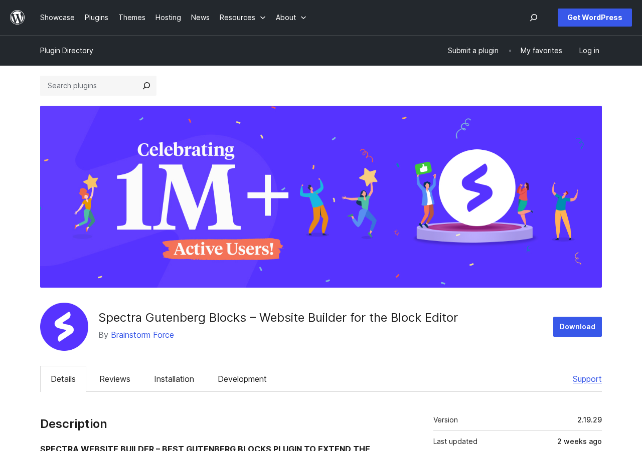 Spectra on the WordPress.org plugin directory showing the 1M+ Active Users banner, plugin name Spectra Gutenberg Blocks, version 2.19.29, and last updated 2 weeks ago.