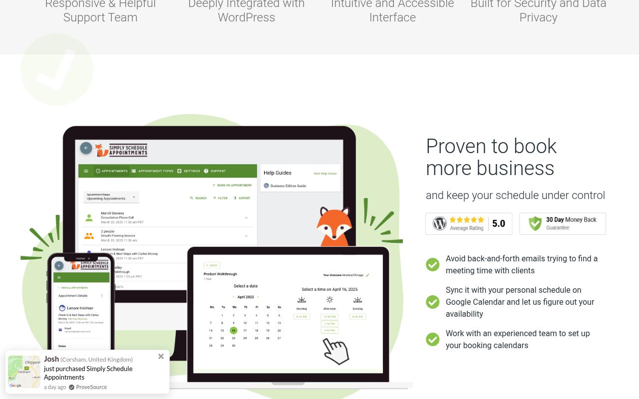 Simply Schedule Appointments website showing the scheduling plugin interface and booking form embedded in a WordPress page.