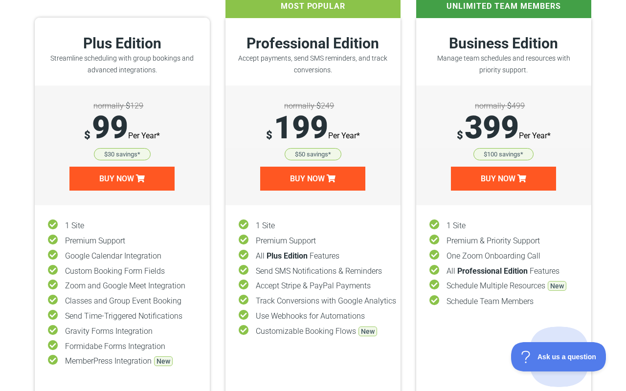 Simply Schedule Appointments pricing page showing four edition tiles: Basic (Free, Download), Plus ($129 with $99 save $30 badge, Per Year, 1 Site), Professional ($249 with $199 save $50 badge, Per Year, 1 Site), and Business ($499 with $399 save $100 badge, Per Year, 1 Site), along with a feature comparison matrix below the tier cards