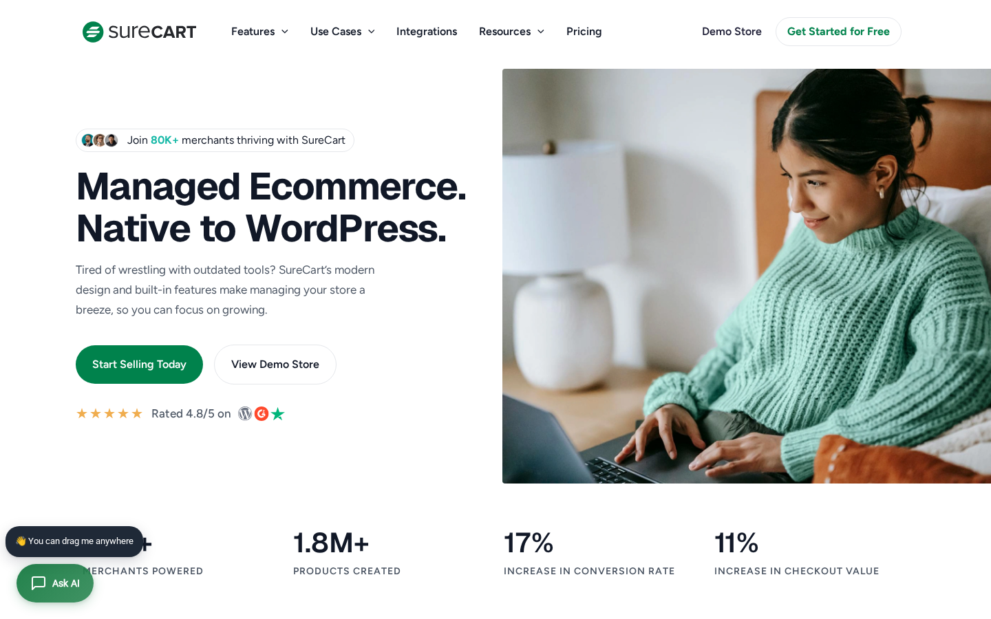 SureCart homepage showing the headline Stop Paying Extra for Multiple Plugins and Extensions with 4.8 out of 5 WordPress rating, 4.7 on G2, and 4.4 on Trustpilot