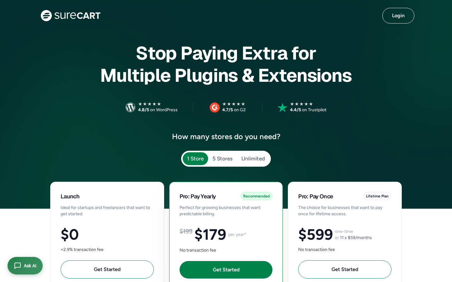 SureCart pricing page showing three tiers for one store: Launch free with 2.9 percent transaction fee, Pro Pay Yearly at 179 dollars per year with no transaction fee, and Pro Pay Once Lifetime at 599 dollars one-time with no transaction fee, with a store-count toggle at the top