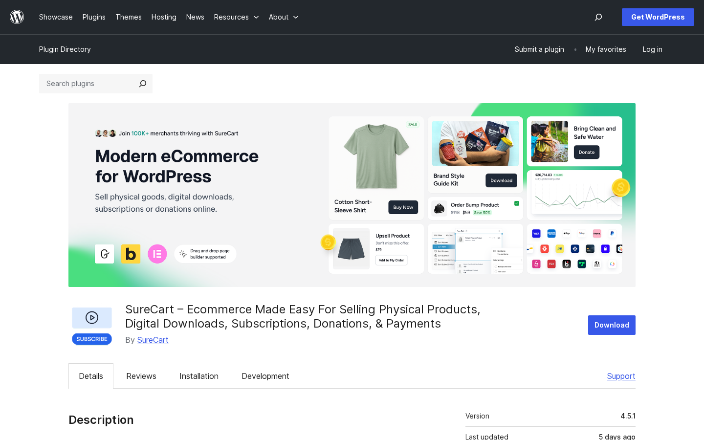 WordPress.org plugin listing for SureCart showing version 4.5.1, 80000 plus active installations, and 4.8 out of 5 star rating from 275 reviews