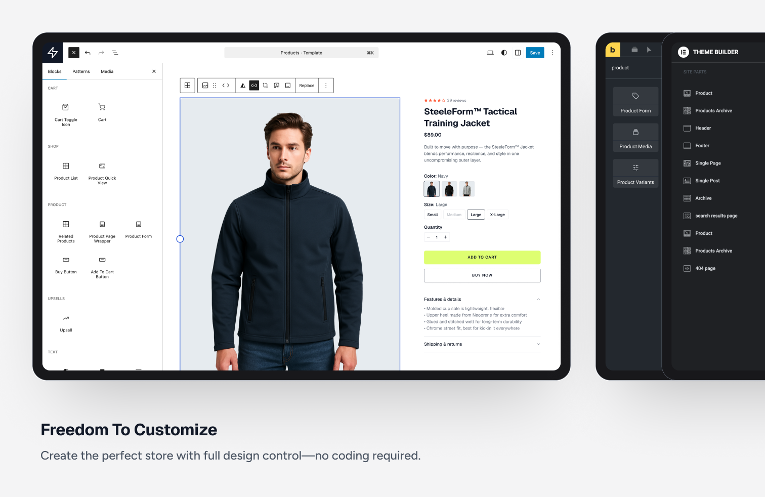 SureCart checkout builder showing Bricks Builder integration with SureCart blocks in the left panel and a product page for the SteeleForm Tactical Training Jacket on the canvas with color and size selectors. Source: vendor-provided screenshot from the WordPress.org plugin listing.