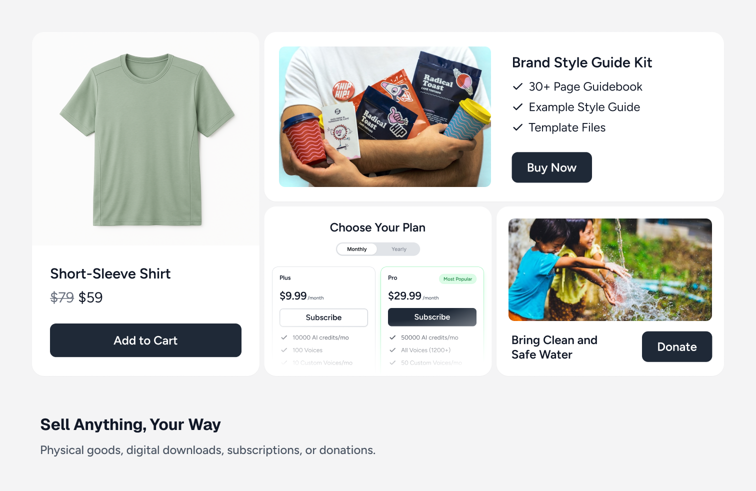 SureCart product grid showing five different product types: physical shirt at sale price, coffee bundle, digital Brand Style Guide Kit, subscription plan chooser with monthly and yearly toggle, and a donation tile. Source: vendor-provided screenshot from the WordPress.org plugin listing.
