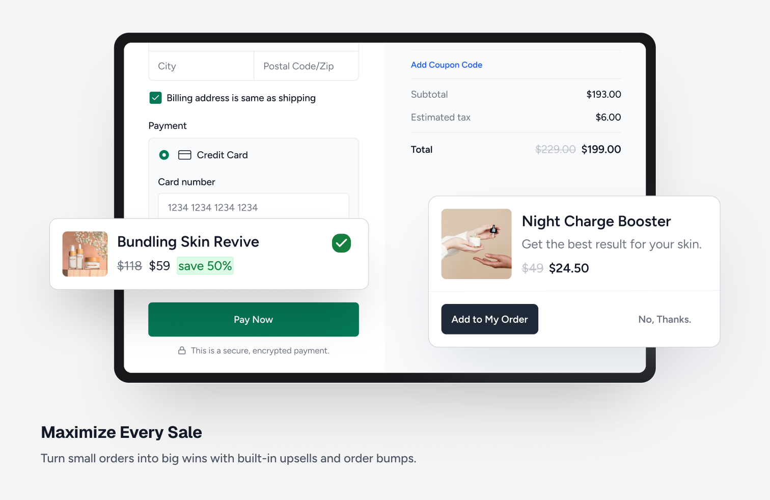 SureCart checkout form showing fields for city, postal code, billing address checkbox, Credit Card payment section, order summary with subtotal $193, tax $6, total $229 struck through to $199, a Pay Now button, an order bump overlay for Bundling Skin Revive at $59, and a post-purchase upsell card for Night Charge Booster at $24.50. Source: vendor-provided screenshot from the WordPress.org plugin listing.