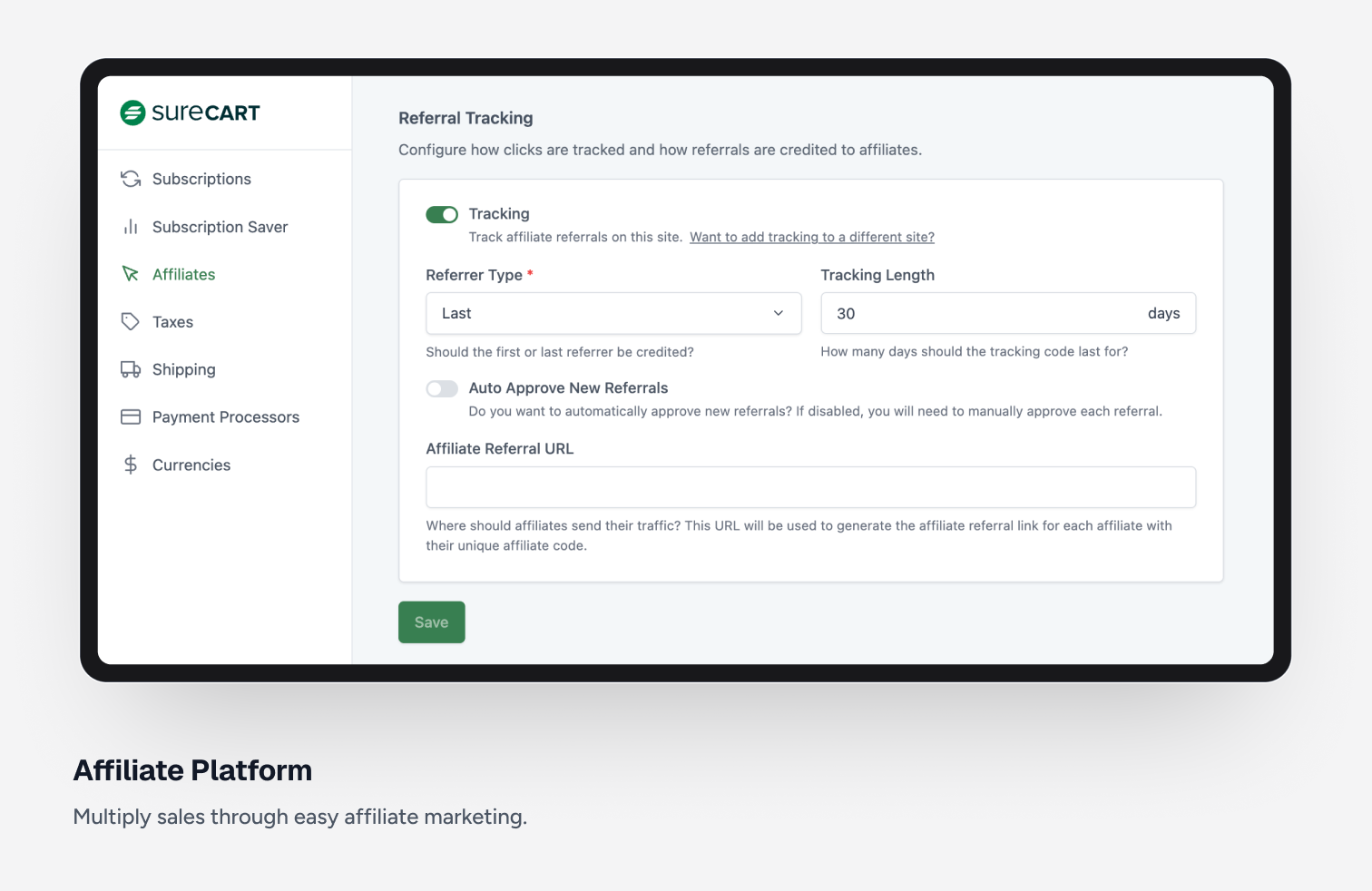 SureCart affiliate settings panel showing the admin sidebar with Affiliates highlighted active, and the main panel showing Referral Tracking settings including Tracking toggle enabled, Referrer Type Last, Tracking Length 30 days, and Affiliate Referral URL field. Source: vendor-provided screenshot from the WordPress.org plugin listing.