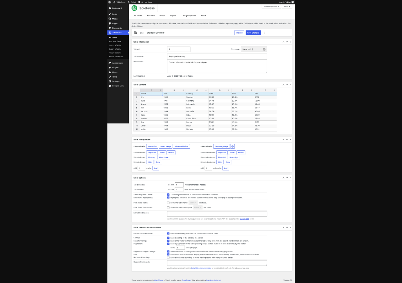 The TablePress table Edit screen showing the Table Information section, the Table Content spreadsheet grid with an Employee Directory table, the Table Manipulation section, the Table Options section, and the Table Features for Site Visitors section.